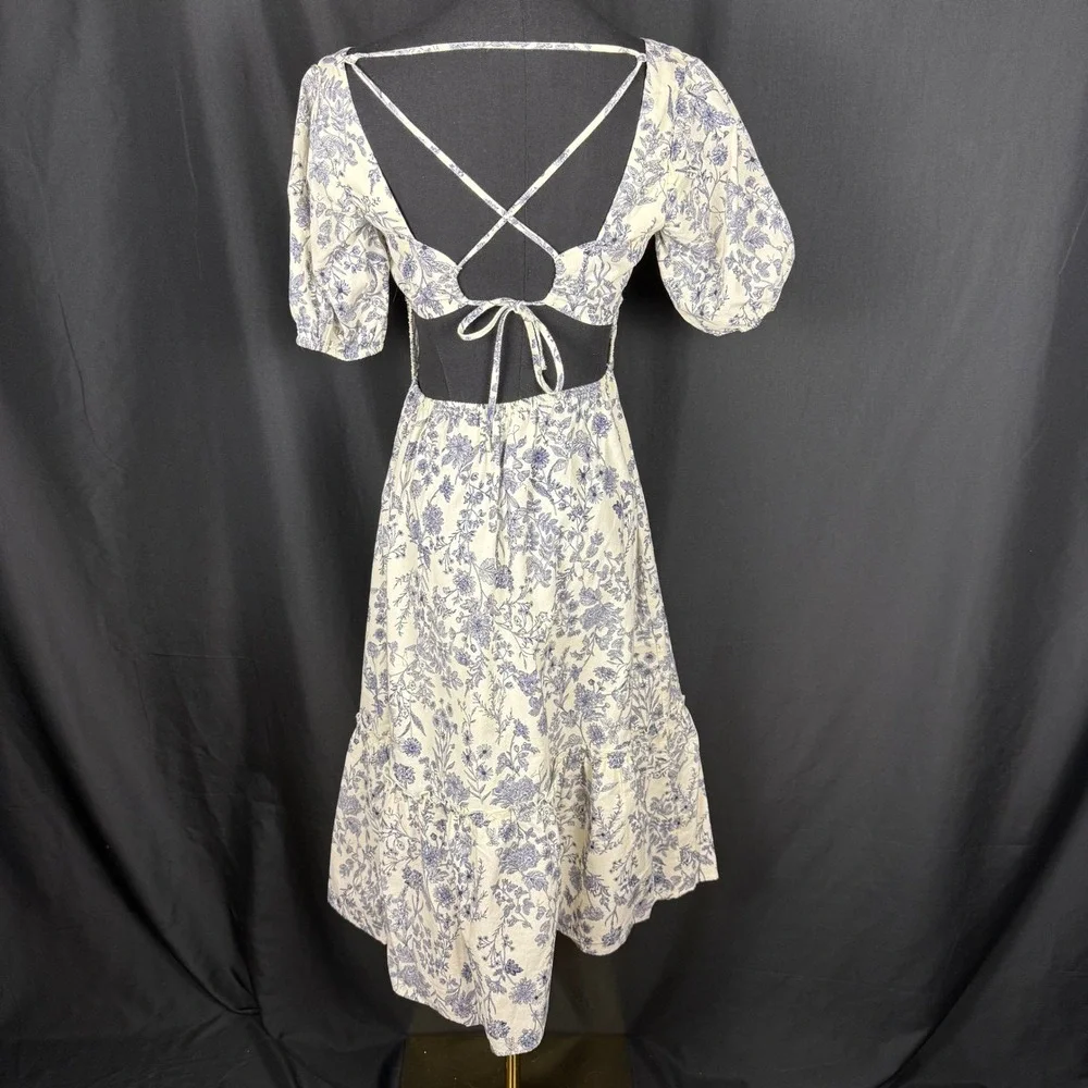 Just Found Blue & White Toile Cottagecore Prairie Dress Open Back Midi, size M - Picture 3 of 15